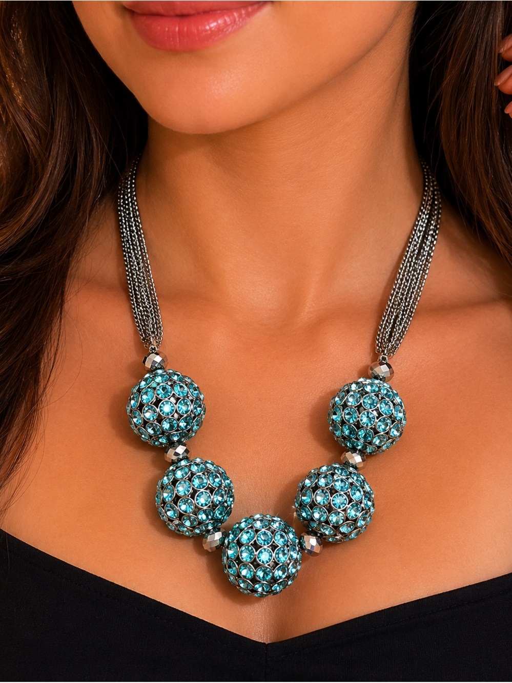 Vintage Turquoise Crystal Ball Statement Necklace - and clip-on earrings.